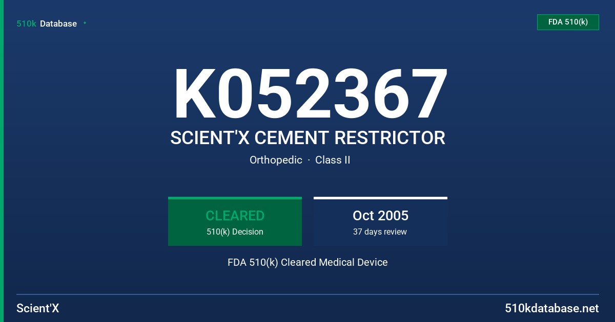 K052367 SCIENT'X CEMENT RESTRICTOR FDA 510(k) Cleared Medical Device