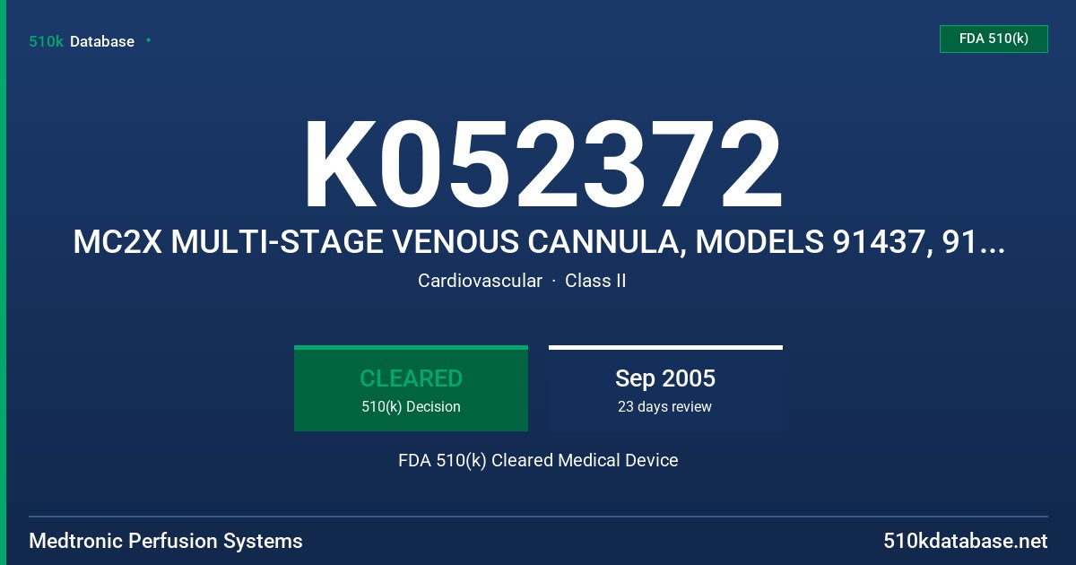 K052372 MC2X MULTI-STAGE VENOUS CANNULA, MODELS 91437, 91437C FDA 510(k) Cleared Medical Device
