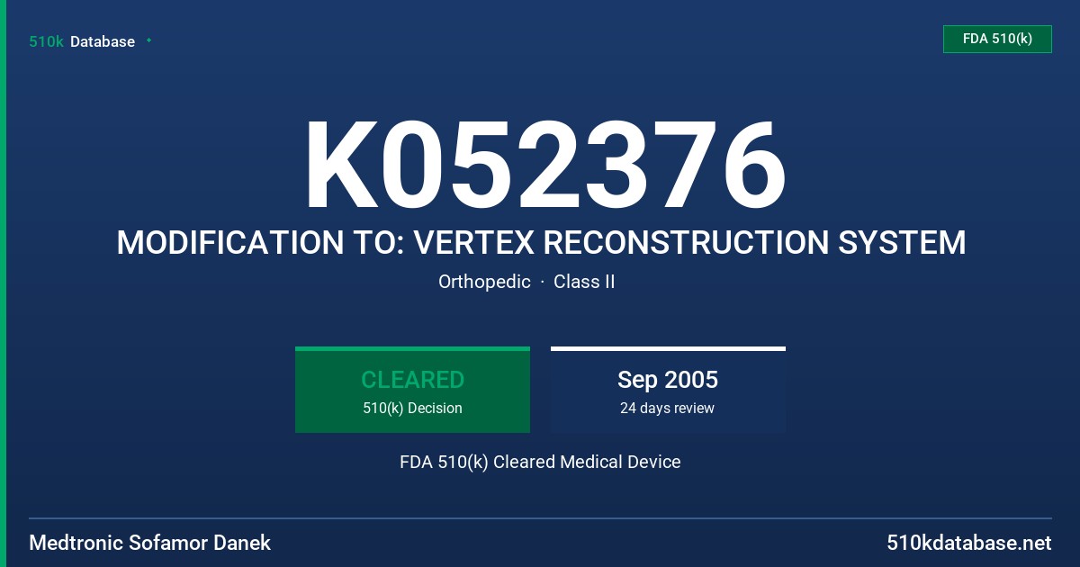 K052376 MODIFICATION TO: VERTEX RECONSTRUCTION SYSTEM FDA 510(k) Cleared Medical Device