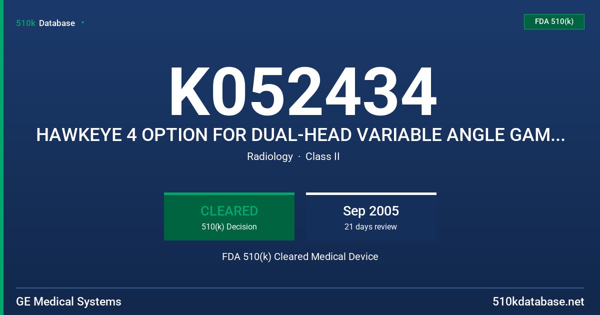 K052434 HAWKEYE 4 OPTION FOR DUAL-HEAD VARIABLE ANGLE GAMMA CAMERA FDA 510(k) Cleared Medical Device