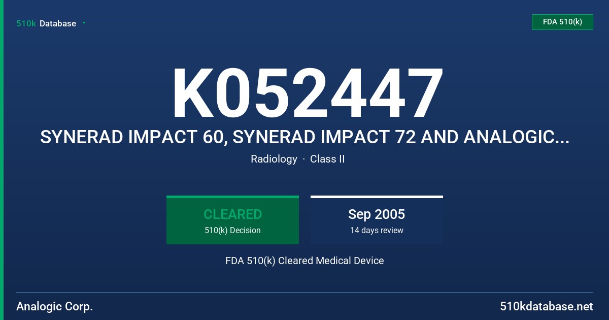 K052447 SYNERAD IMPACT 60, SYNERAD IMPACT 72 AND ANALOGIC AMS1600 FDA 510(k) Cleared Medical Device