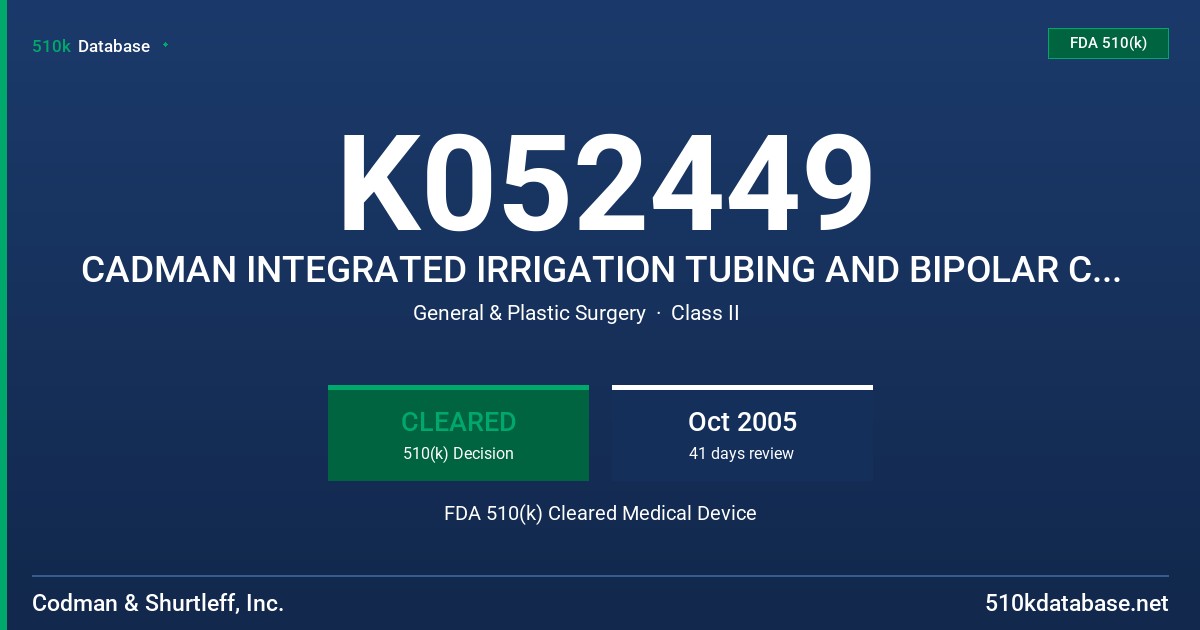 K052449 CADMAN INTEGRATED IRRIGATION TUBING AND BIPOLAR CORD SET, MODELS 80-1163, 80-1189 FDA 510(k) Cleared Medical Device