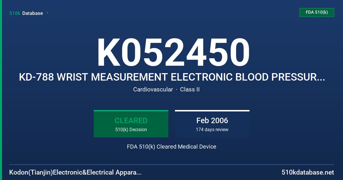K052450 KD-788 WRIST MEASUREMENT ELECTRONIC BLOOD PRESSURE MONITOR FDA 510(k) Cleared Medical Device