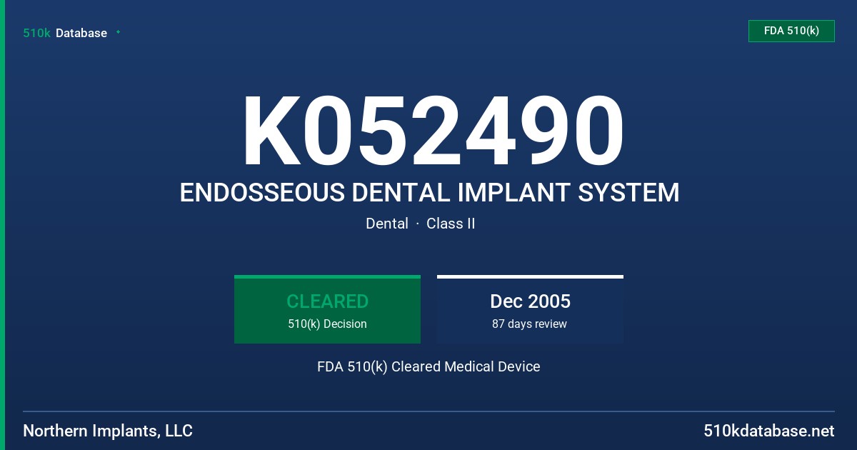 K052490 ENDOSSEOUS DENTAL IMPLANT SYSTEM FDA 510(k) Cleared Medical Device