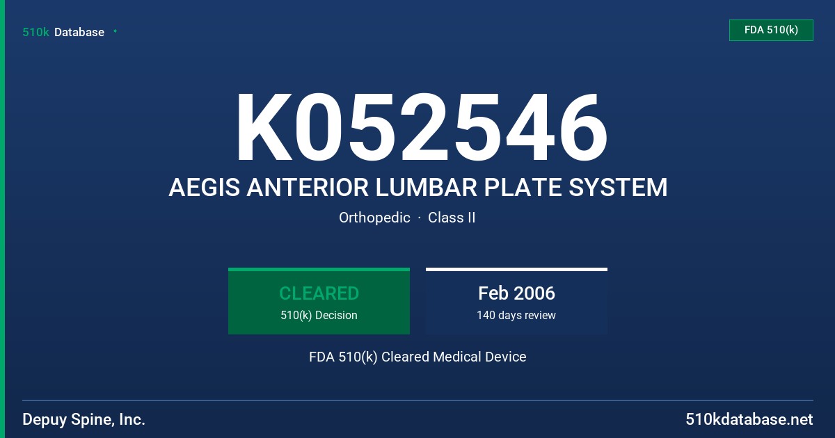 K052546 AEGIS ANTERIOR LUMBAR PLATE SYSTEM FDA 510(k) Cleared Medical Device