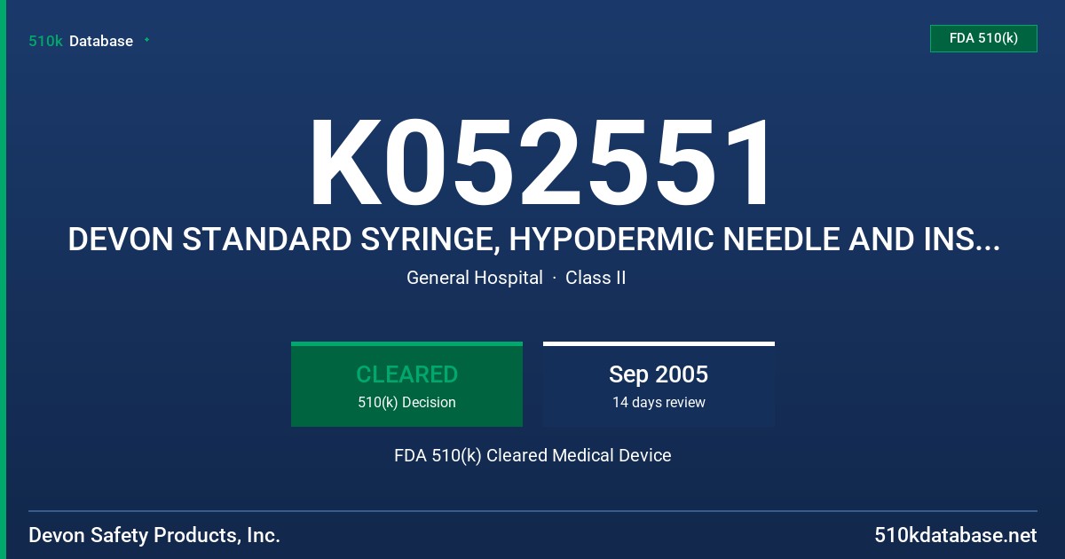 K052551 DEVON STANDARD SYRINGE, HYPODERMIC NEEDLE AND INSULIN SYRINGE FDA 510(k) Cleared Medical Device