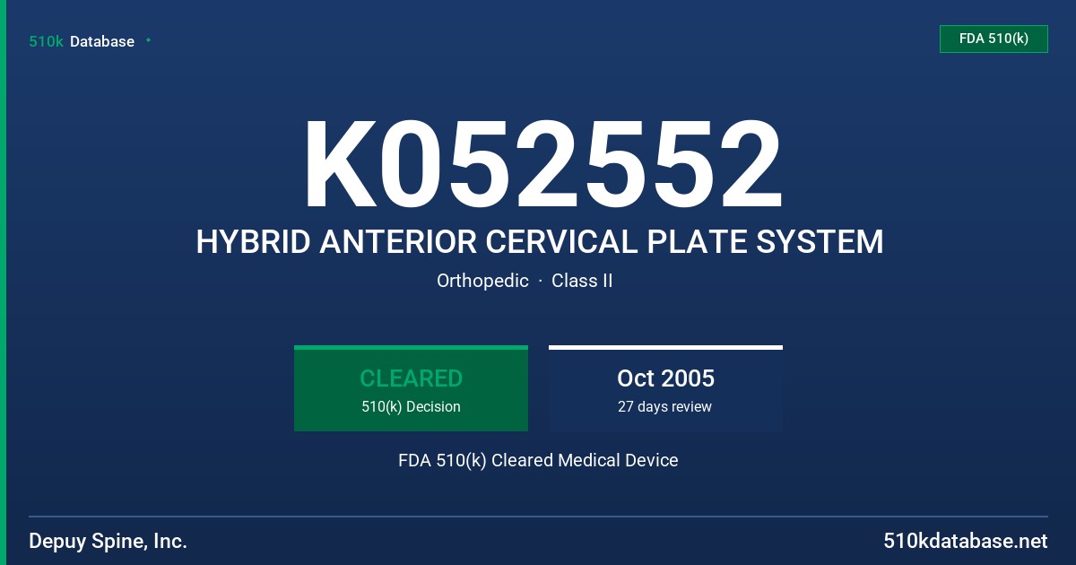 K052552 HYBRID ANTERIOR CERVICAL PLATE SYSTEM FDA 510(k) Cleared Medical Device