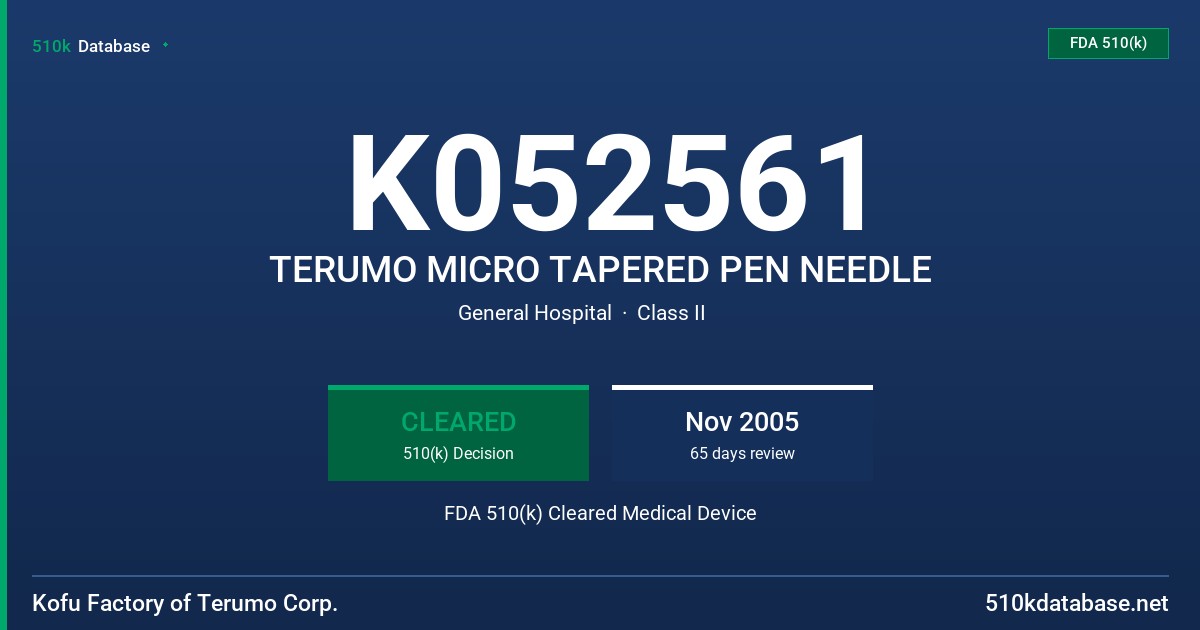 K052561 TERUMO MICRO TAPERED PEN NEEDLE FDA 510(k) Cleared Medical Device