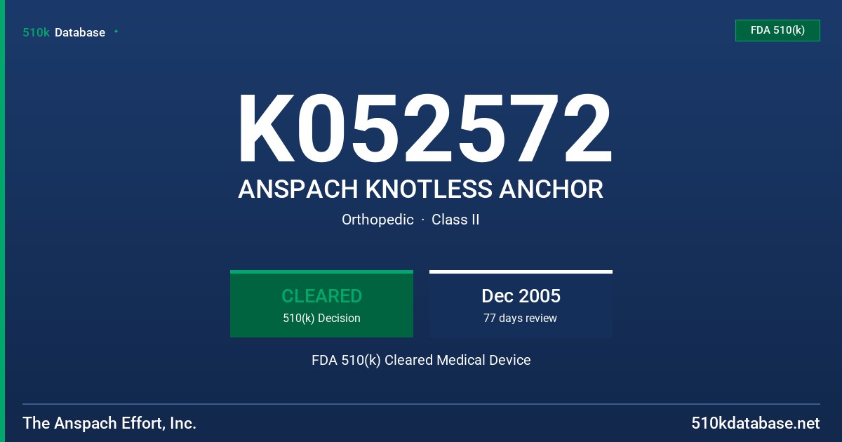K052572 ANSPACH KNOTLESS ANCHOR FDA 510(k) Cleared Medical Device