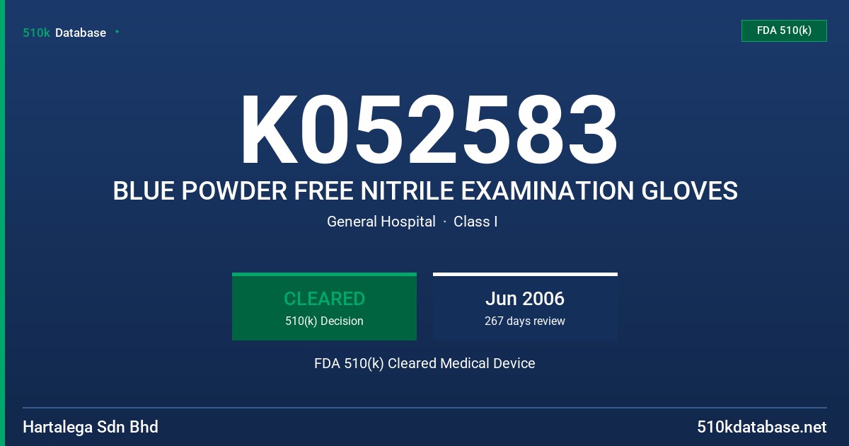 K052583 BLUE POWDER FREE NITRILE EXAMINATION GLOVES FDA 510(k) Cleared Medical Device