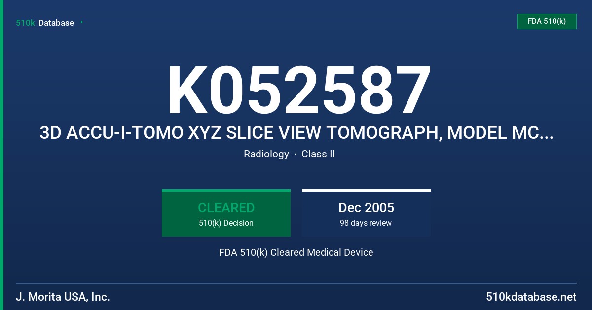 K052587 3D ACCU-I-TOMO XYZ SLICE VIEW TOMOGRAPH, MODEL MCT-1 EXF FDA 510(k) Cleared Medical Device