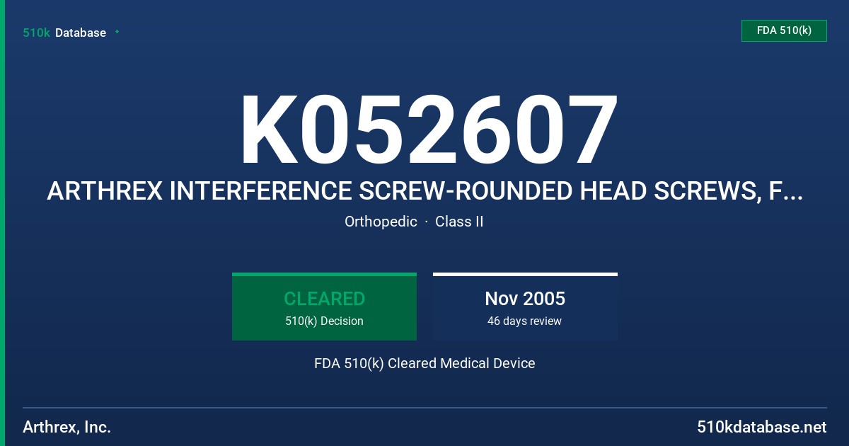 K052607 ARTHREX INTERFERENCE SCREW-ROUNDED HEAD SCREWS, FULL THREADED SCREWS, SHEATHED CANNULATED INTERFERENCE SCREWS FDA 510(k) Cleared Medical Device