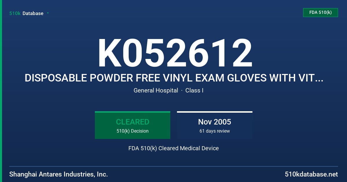 K052612 DISPOSABLE POWDER FREE VINYL EXAM GLOVES WITH VITAMIN COMPLEX, NOPAL AND LANOLIN BLUE COLOR FDA 510(k) Cleared Medical Device