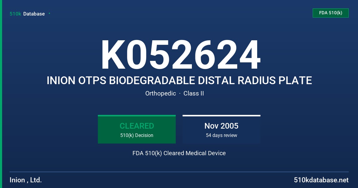 K052624 INION OTPS BIODEGRADABLE DISTAL RADIUS PLATE FDA 510(k) Cleared Medical Device