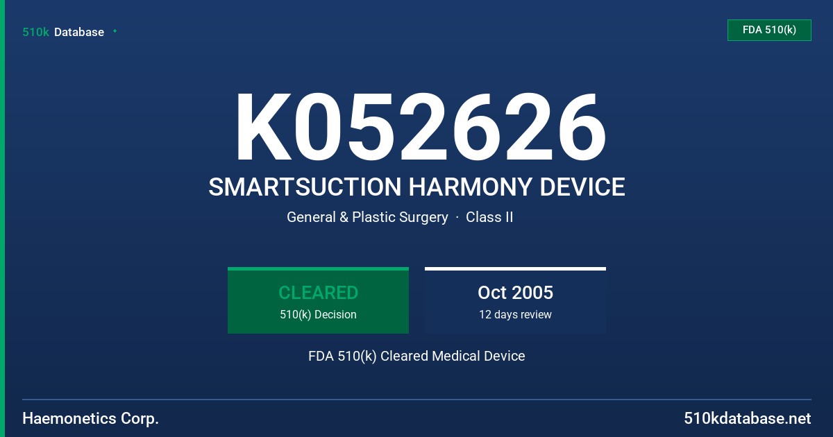 K052626 SMARTSUCTION HARMONY DEVICE FDA 510(k) Cleared Medical Device