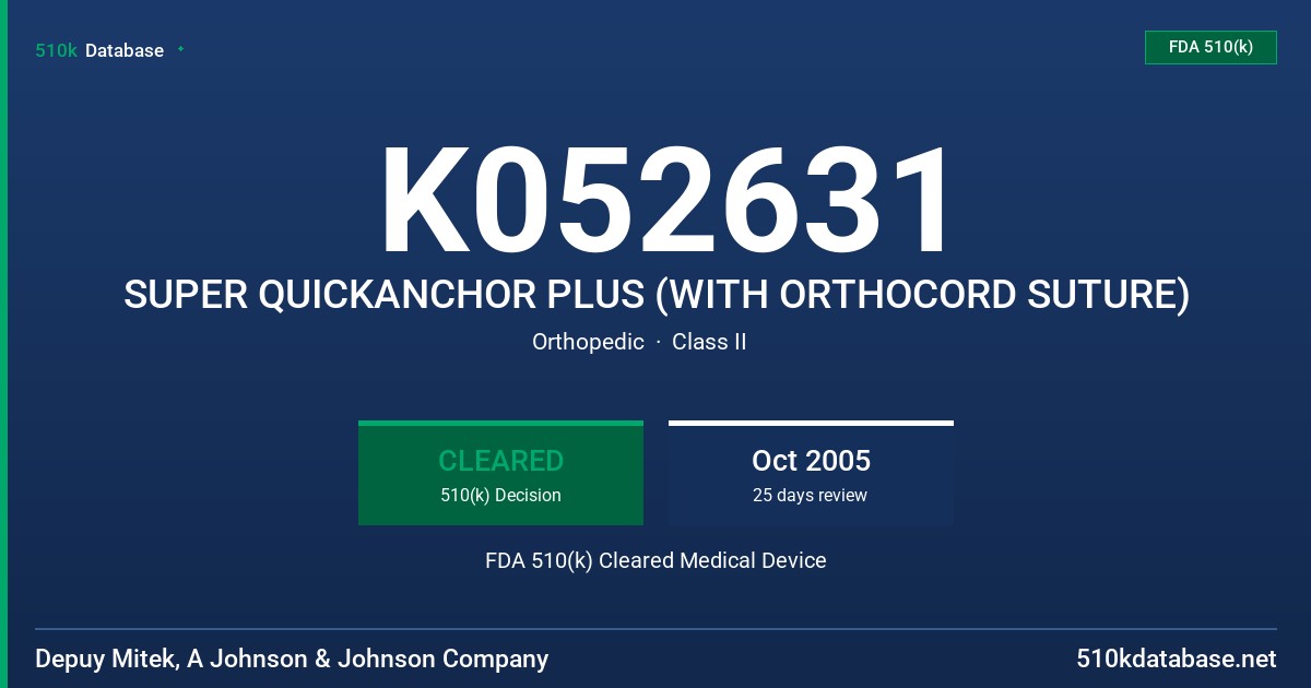 K052631 SUPER QUICKANCHOR PLUS (WITH ORTHOCORD SUTURE) FDA 510(k) Cleared Medical Device