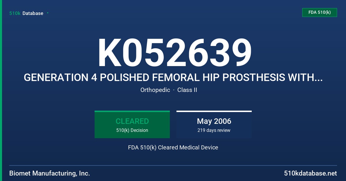 K052639 GENERATION 4 POLISHED FEMORAL HIP PROSTHESIS WITH PROXIMAL CEMENT SPACER FDA 510(k) Cleared Medical Device