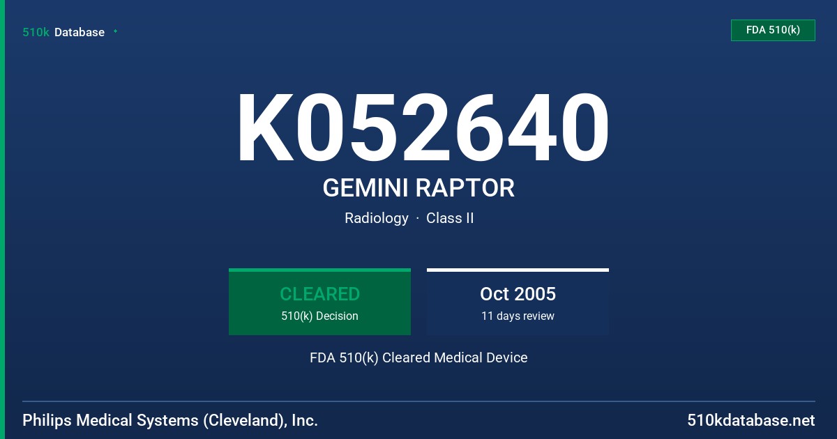 K052640 GEMINI RAPTOR FDA 510(k) Cleared Medical Device