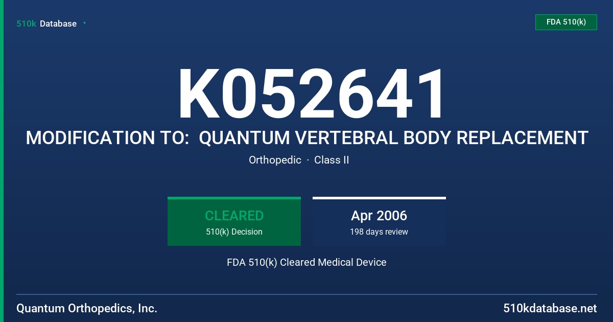 K052641 MODIFICATION TO:  QUANTUM VERTEBRAL BODY REPLACEMENT FDA 510(k) Cleared Medical Device