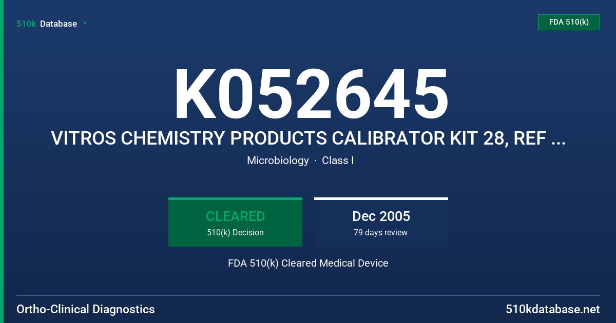 K052645 VITROS CHEMISTRY PRODUCTS CALIBRATOR KIT 28, REF 680 2323 FDA 510(k) Cleared Medical Device