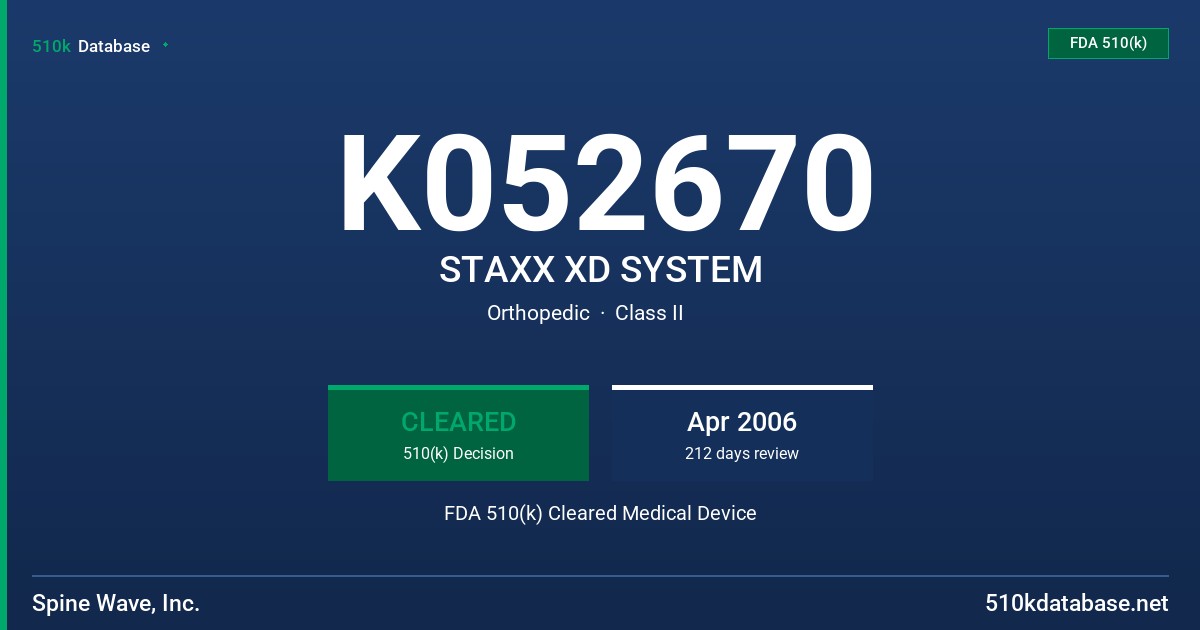 K052670 STAXX XD SYSTEM FDA 510(k) Cleared Medical Device