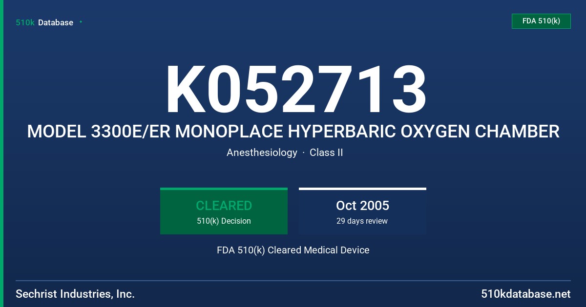 K052713 MODEL 3300E/ER MONOPLACE HYPERBARIC OXYGEN CHAMBER FDA 510(k) Cleared Medical Device