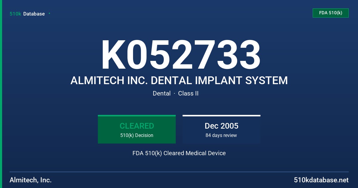 K052733 ALMITECH INC. DENTAL IMPLANT SYSTEM FDA 510(k) Cleared Medical Device