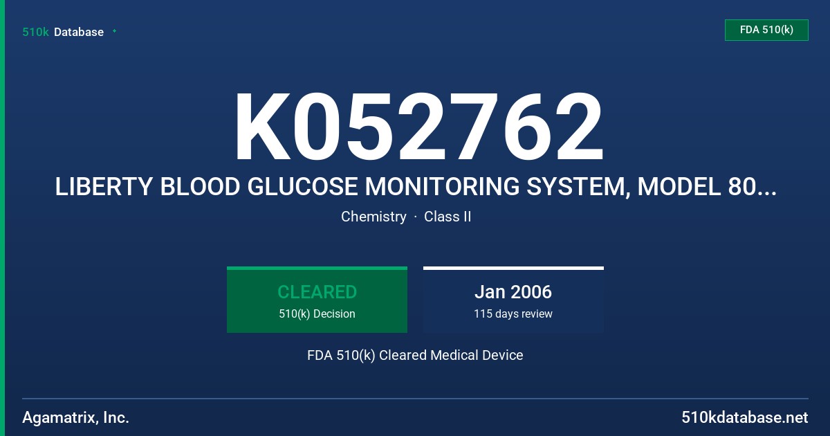 K052762 LIBERTY BLOOD GLUCOSE MONITORING SYSTEM, MODEL 8000-0067 FDA 510(k) Cleared Medical Device