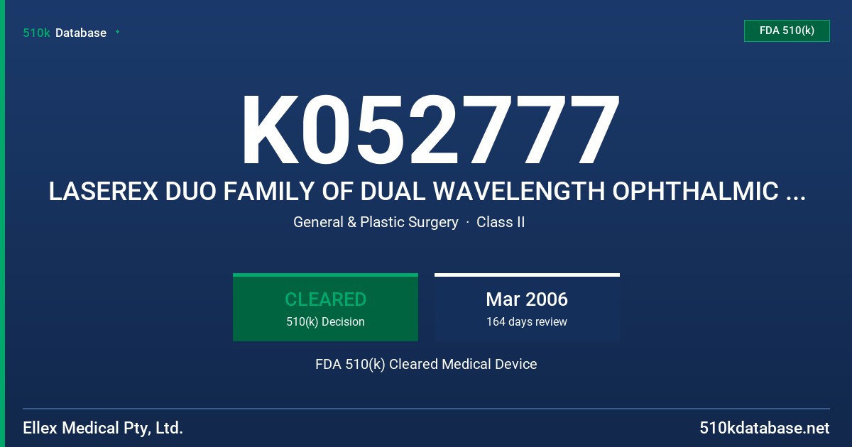 K052777 LASEREX DUO FAMILY OF DUAL WAVELENGTH OPHTHALMIC LASERS INCLUDING MODELS INTEGRE DUO LP1RG-S, LP1RG-D FDA 510(k) Cleared Medical Device