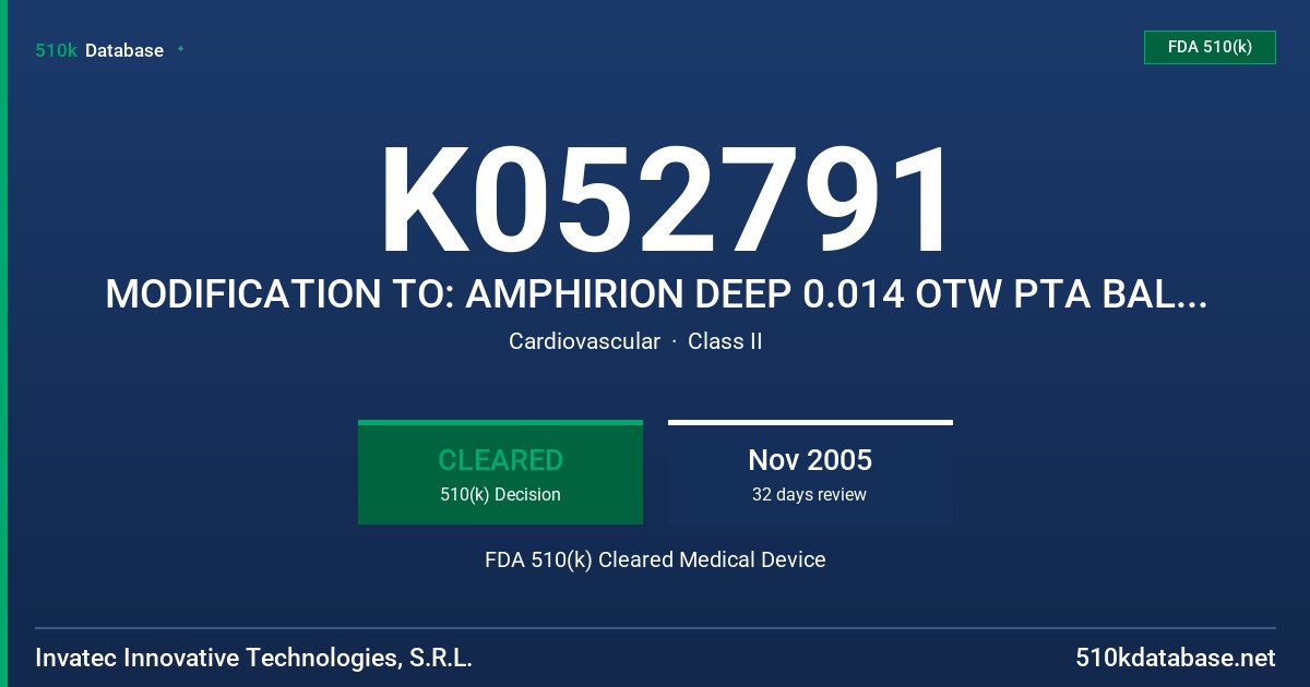 K052791 MODIFICATION TO: AMPHIRION DEEP 0.014 OTW PTA BALLOON CATHETER FDA 510(k) Cleared Medical Device