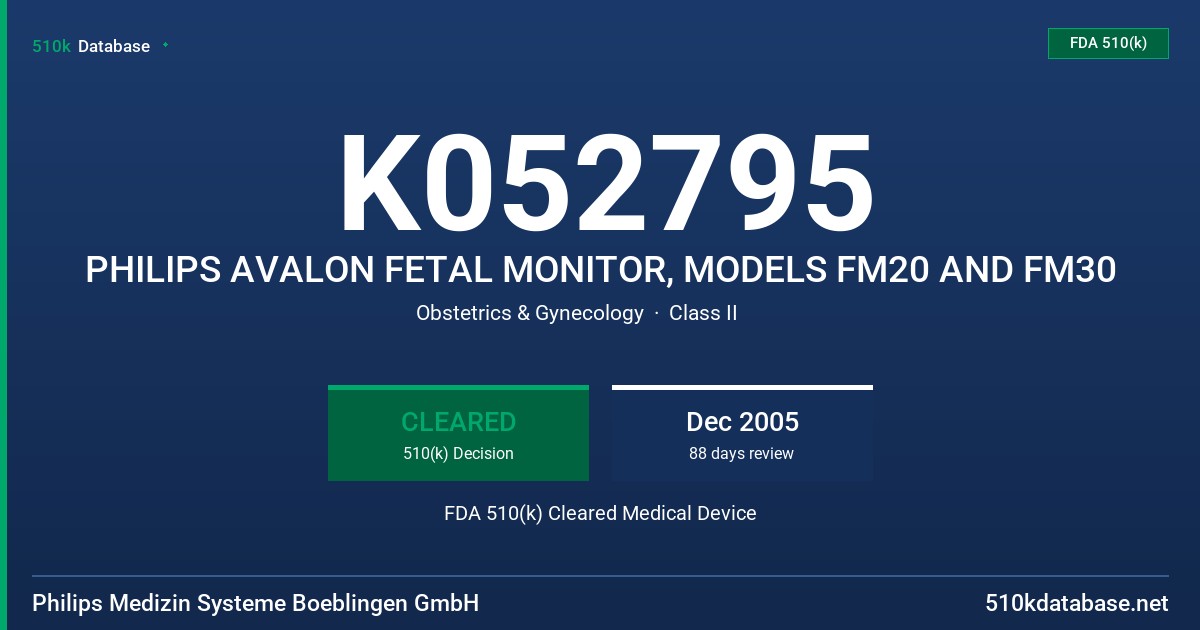 K052795 PHILIPS AVALON FETAL MONITOR, MODELS FM20 AND FM30 FDA 510(k) Cleared Medical Device
