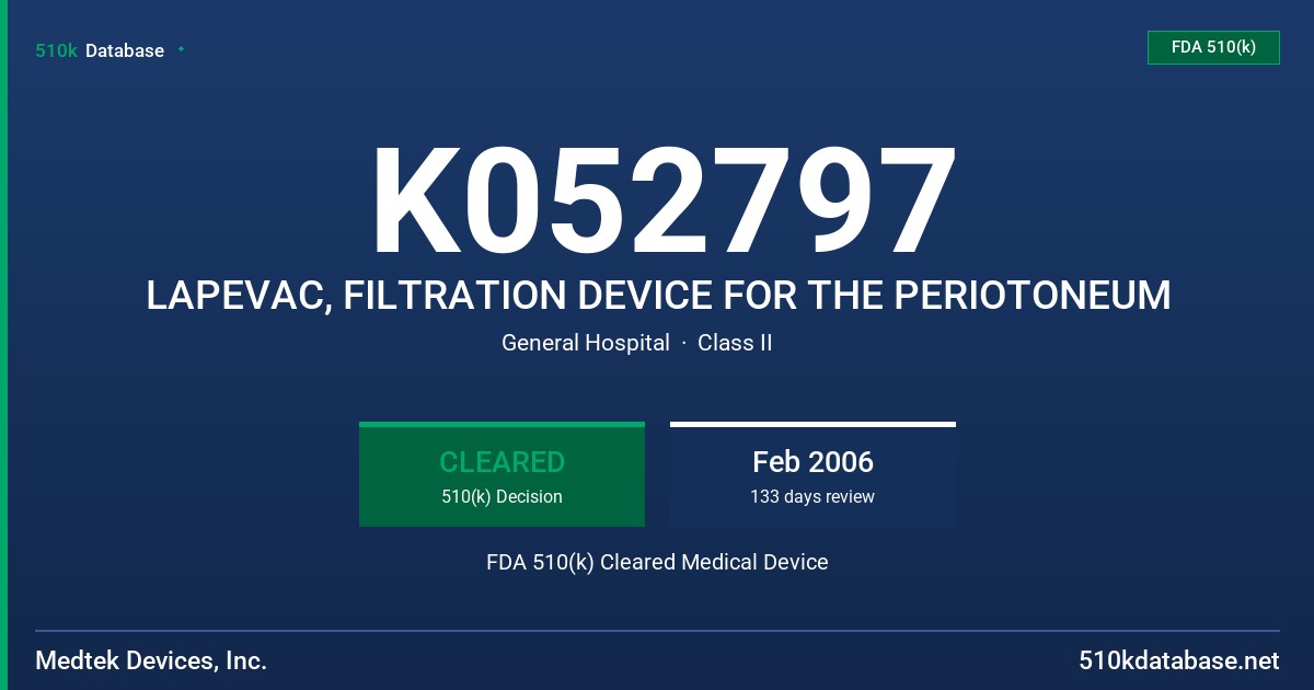 K052797 LAPEVAC, FILTRATION DEVICE FOR THE PERIOTONEUM FDA 510(k) Cleared Medical Device