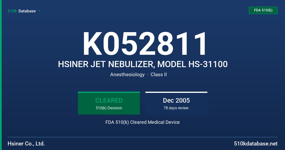 K052811 HSINER JET NEBULIZER, MODEL HS-31100 FDA 510(k) Cleared Medical Device