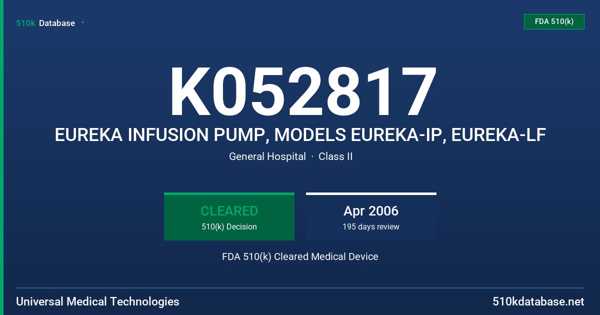 K052817 EUREKA INFUSION PUMP, MODELS EUREKA-IP, EUREKA-LF FDA 510(k) Cleared Medical Device