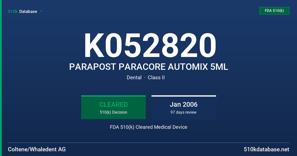 K052820 PARAPOST PARACORE AUTOMIX 5ML FDA 510(k) Cleared Medical Device