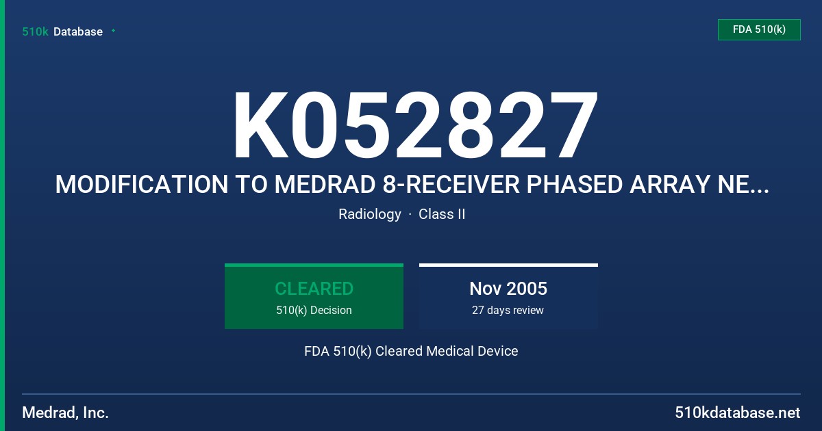 K052827 MODIFICATION TO MEDRAD 8-RECEIVER PHASED ARRAY NEUROVASCULAR COIL FOR SIEMENS FDA 510(k) Cleared Medical Device