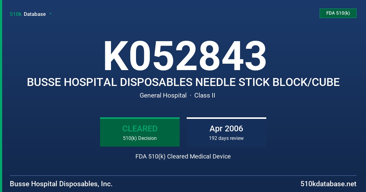 K052843 BUSSE HOSPITAL DISPOSABLES NEEDLE STICK BLOCK/CUBE FDA 510(k) Cleared Medical Device