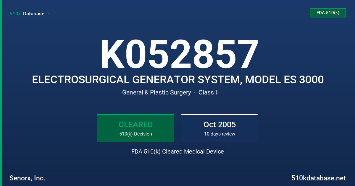 K052857 ELECTROSURGICAL GENERATOR SYSTEM, MODEL ES 3000 FDA 510(k) Cleared Medical Device