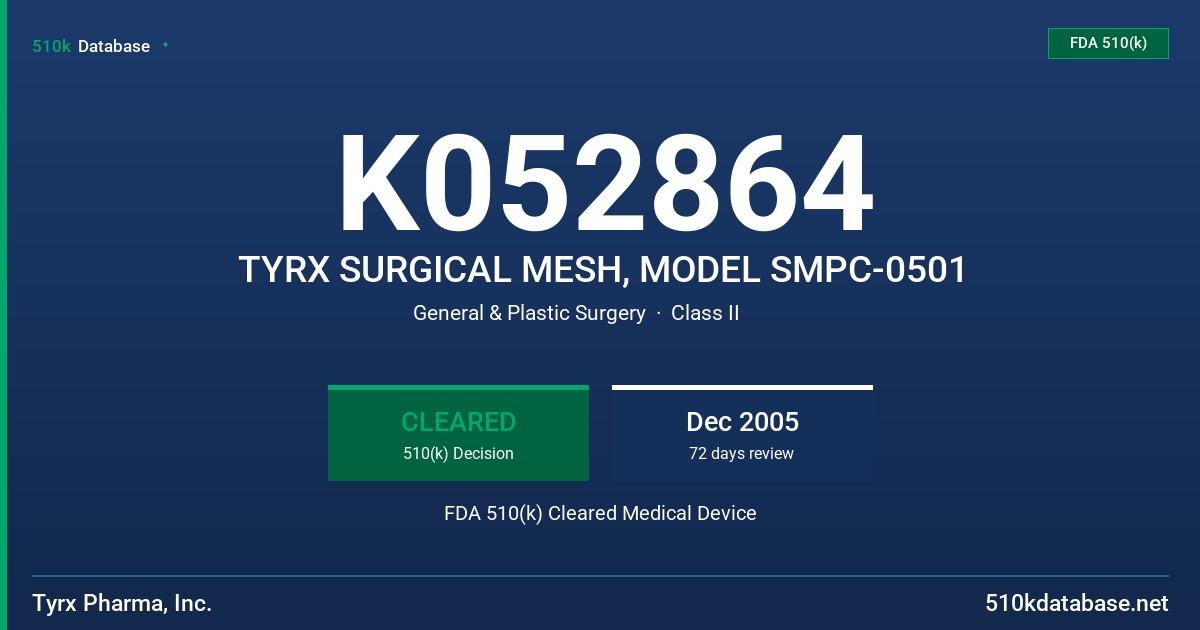 K052864 TYRX SURGICAL MESH, MODEL SMPC-0501 FDA 510(k) Cleared Medical Device