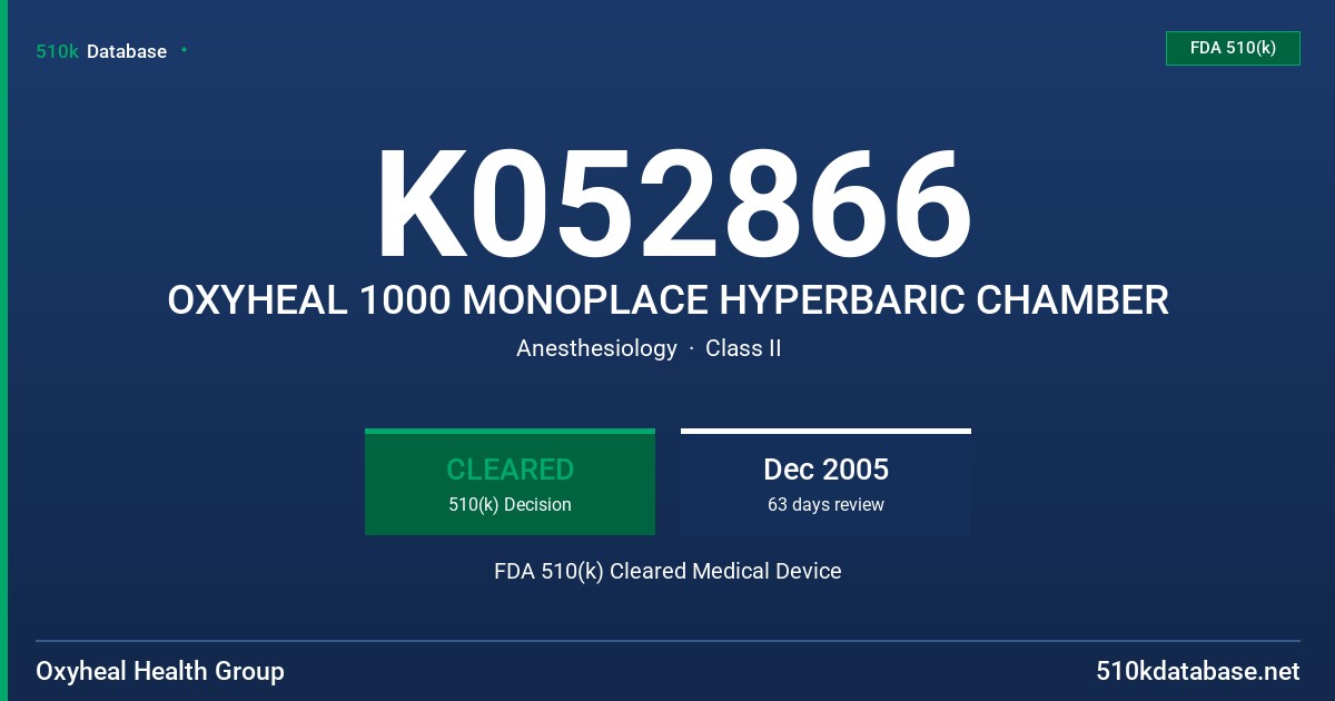 K052866 OXYHEAL 1000 MONOPLACE HYPERBARIC CHAMBER FDA 510(k) Cleared Medical Device
