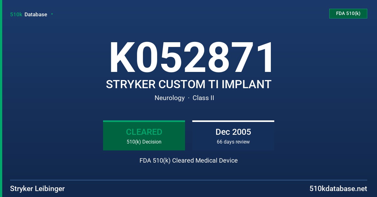 K052871 STRYKER CUSTOM TI IMPLANT FDA 510(k) Cleared Medical Device
