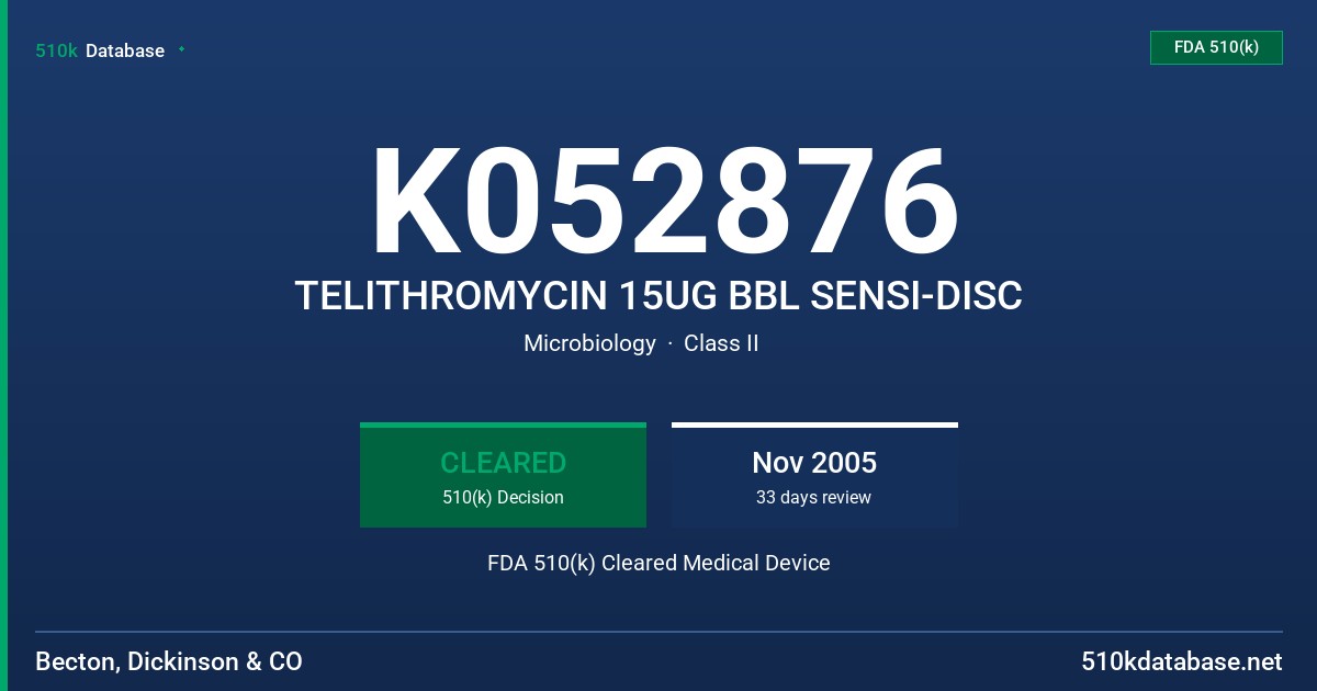 K052876 TELITHROMYCIN 15UG BBL SENSI-DISC FDA 510(k) Cleared Medical Device