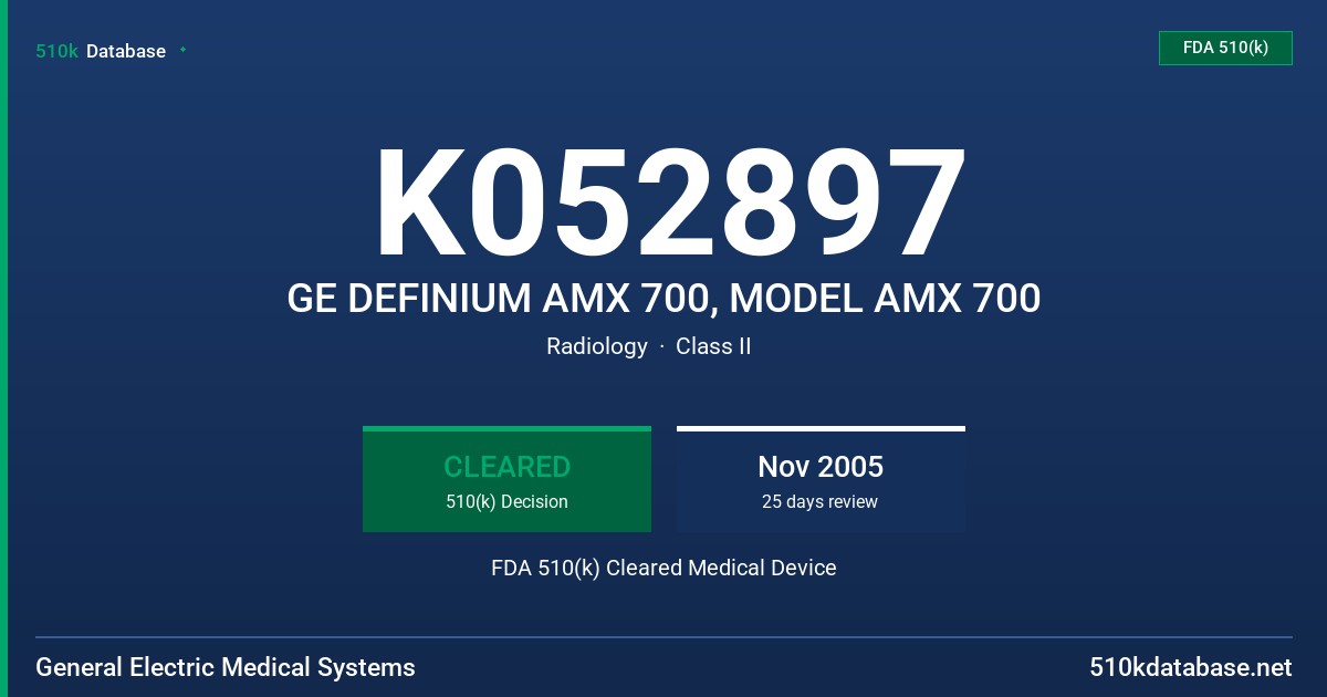 K052897 GE DEFINIUM AMX 700, MODEL AMX 700 FDA 510(k) Cleared Medical Device