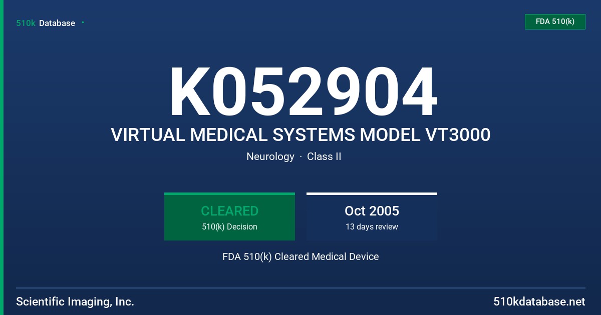 K052904 VIRTUAL MEDICAL SYSTEMS MODEL VT3000 FDA 510(k) Cleared Medical Device