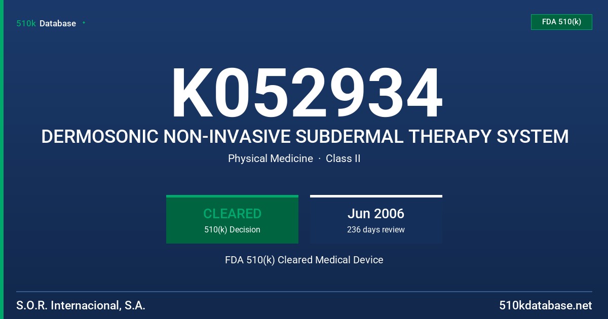 K052934 DERMOSONIC NON-INVASIVE SUBDERMAL THERAPY SYSTEM FDA 510(k) Cleared Medical Device