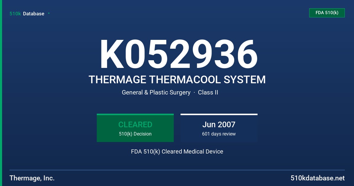 K052936 THERMAGE THERMACOOL SYSTEM FDA 510(k) Cleared Medical Device