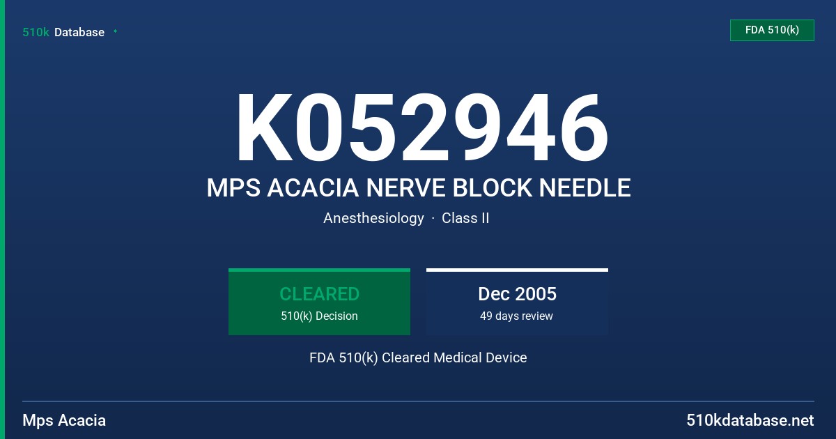 K052946 MPS ACACIA NERVE BLOCK NEEDLE FDA 510(k) Cleared Medical Device