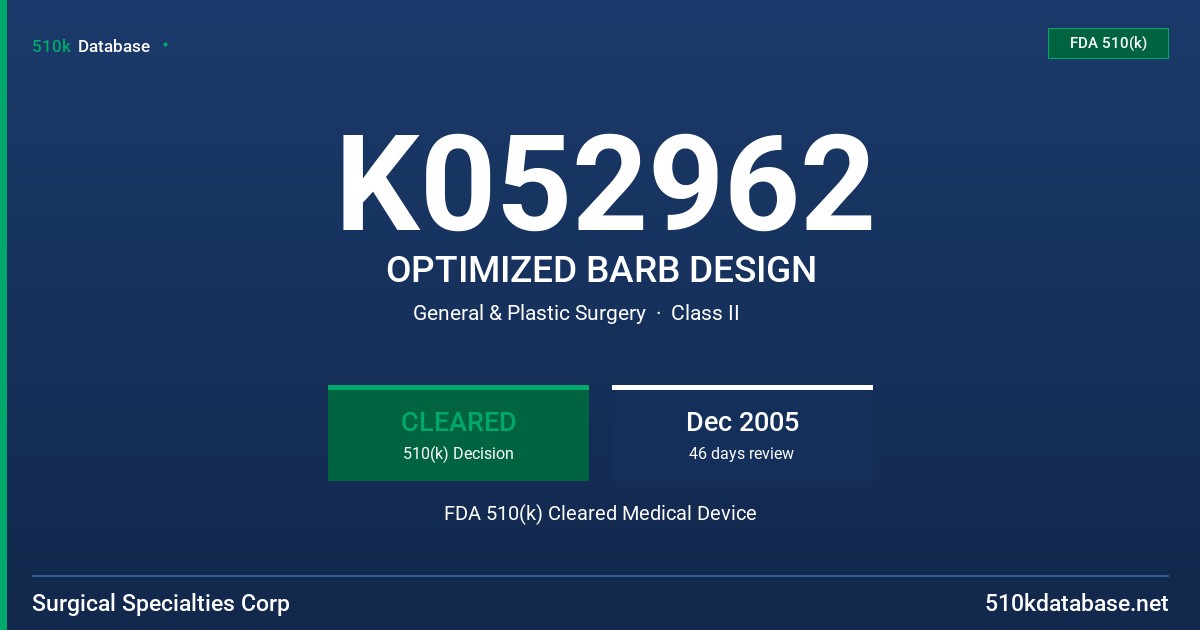 K052962 OPTIMIZED BARB DESIGN FDA 510(k) Cleared Medical Device