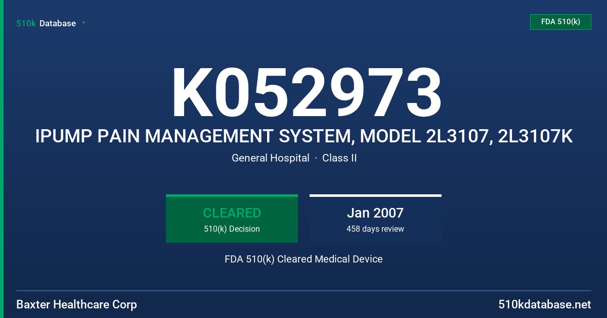 K052973 IPUMP PAIN MANAGEMENT SYSTEM, MODEL 2L3107, 2L3107K FDA 510(k) Cleared Medical Device