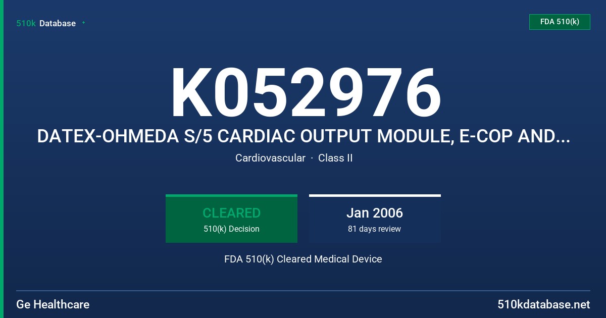 K052976 DATEX-OHMEDA S/5 CARDIAC OUTPUT MODULE, E-COP AND ACCESSORIES FDA 510(k) Cleared Medical Device
